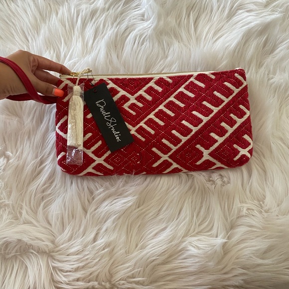 SOLD Aztec Print Crochet Red Clutch - Picture 1 of 6